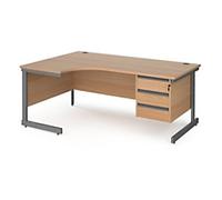 Dams International Left Hand Ergonomic Desk with Beech Coloured MFC Top and Graphite Frame Cantilever Legs and 3 Lockable Drawer Pedestal Contract 25 1800 x 1200 x 725mm
