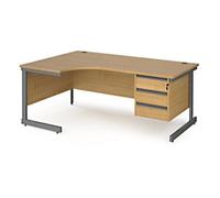 Dams International Left Hand Ergonomic Desk with Oak Coloured MFC Top and Graphite Frame Cantilever Legs and 3 Lockable Drawer Pedestal CC18EL3-G-O 1800 x 1200 x 725mm