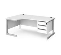 Dams International Left Hand Ergonomic Desk with White MFC Top and Silver Frame Cantilever Legs and 3 Lockable Drawer Pedestal Contract 25 1800 x 1200 x 725mm