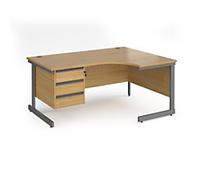 Dams International Right Hand Ergonomic Desk with 3 Lockable Drawers Pedestal and Oak Coloured MFC Top with Graphite Frame Cantilever Legs Contract 25 1600 x 1200 x 725 mm