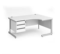 Dams International Right Hand Ergonomic Desk with 3 Lockable Drawers Pedestal and White MFC Top with Silver Frame Cantilever Legs Contract 25 1600 x 1200 x 725 mm