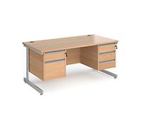 Dams International Straight Desk with Beech Coloured MFC Top and Silver Frame Cantilever Legs and Two & Three Lockable Drawer Pedestals Contract 25 1600 x 800 x 725mm
