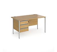 Dams International Straight Desk with Oak Coloured MFC Top and Silver H-Frame Legs and 3 Lockable Drawer Pedestal CH14S3-S-O 1400 x 800 x 725mm