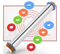 DAMUZHI Rolling Pin and Silicone Baking Pastry Mat Combo Kit, Adjustable Rolling Pin with Thickness Rings, Nonstick Mat for Baking, Fondant, Pizza, Pie, Pastry, Pasta, Dough, Cookies (Red)