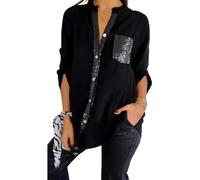 DAMYTION Cotton V-Neck Sequin Mid-Sleeve Casual Top Glitter Sequin Pocket 3/4 Short Sleeve Women Button Up Blouse Tops Casual (Black,L)