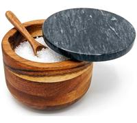 Dan&Co Acacia Wood Salt Cellar with Built in Spoon and Marble Lid 10 oz, Salt Pig for Kitchen, Sealed Seasoning Pot, Bowl Box Container for Pepper, Spices, Herbs, Rubber Feet - UK Brand