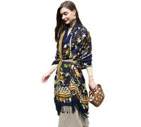 DANA XU 100% Merino Wool Extra Large Pashmina Blanket Travel Scarf Cashmere Wrap for Women Fall Winter Oversize Shawl Floral, Navy Botanical, 96 * 43 INCHES