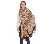 DANA XU 100% Merino Wool Pashmina Shawl for Women 96"x43", Oversized Cashmere Wrap with Tassels, Floral Travel Blanket Cape, Cream Brown Ethnic Weave, 96*43 INCHES