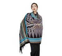 DANA XU 100% Merino Wool Pashmina Shawl for Women 96"x43", Oversized Cashmere Wrap with Tassels, Floral Travel Blanket Cape, Gray Turquoise Tribal Rays, 96 * 43 INCHES