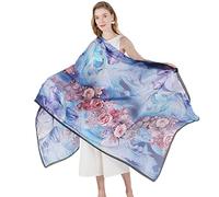 DANA XU 100% Mulberry Satin Silk Summer Travel Scarf Extra Large Women Floral Shawl Oversize Soft Wraps For Evening Dresses, B 38 Blue&red, 90 * 43.3 inches (2.3 * 1.1m)