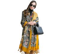 DANA XU 100% Pure Merino Wool Extra Large Pashmina Cashmere Scarf Shawl And Wrap For Women Winter Oversized Floral Blanket, 28 Yellow, Large