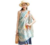 DANA XU Women's 100% Mulberry Satin Silk Pashmina Shawl Wraps Extra Large Floral Scarf for Evening Dresses, Soft Oversized, Light Blue Feather Grace, 90*43 inches (2.3*1.1m)