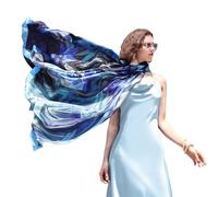 DANA XU Women's 100% Mulberry Satin Silk Pashmina Shawl Wraps Extra Large Floral Scarf for Evening Dresses, Soft Oversized, Navy Bloom, 90*43 inches (2.3*1.1m)