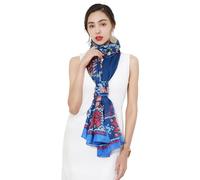 DANA XU Women's 100% Mulberry Silk Pashmina Shawl and Wraps Extra Large Floral Scarf for Evening Dresses, Soft Oversized, Royal Blue Mosaic, 90*43 inches (2.3*1.1m)