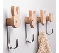 Danaven Original Children's Wooden Coat Hook in Animal Shapes, Wall Hooks, Coat Hooks for Children's Room, Animals, Dog, Cat, Fox, Rabbit, Decoration (Oak with 4 Metal Hooks)