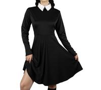 DANAZANA Halloween Cosplay Costume Women's Peter Pan Collar Black Dress Flare Skater Dresses S-XXL, Black, Small