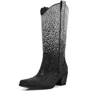 DANAZANA Rhinestone Cowboy Boots for Women Wide Calf Sparkly Cowgirl Boots Mid Calf Pointed Toe Block Heel Sparkle Boots with Half Zip Size 7-10, Black & Silver, 8.5