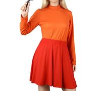 DANAZANA Womens Halloween Costume Suit Scooby Velma Costumes Outfit Sets Ladies Turtleneck Long Sleeve Shirt with Red Skirt