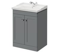 Danbury Floor Standing Vanity Unit with 1 Tap Hole Traditional Basin and 2 Doors with Polished Chrome Handles | Satin Grey | MDF | 600mm