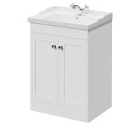 Danbury Satin Floor Standing Vanity Unit with 1 Tap Hole Traditional Basin and 2 Doors with Polished Chrome Handles | White | MDF | 600mm
