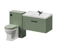 Danbury Wall Mounted Single Drawer Vanity Unit and Toilet Suite with Windsor Basin | Satin Green | MDF | 1300mm