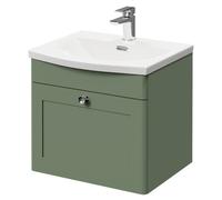 Danbury Wall Mounted Vanity Unit with 1 Tap Hole Curved Basin and Single Drawer with Polished Chrome Handle | Satin Green | MDF | 500mm
