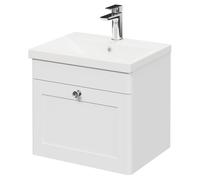 Danbury Wall Mounted Vanity Unit with 1 Tap Hole Modern Basin and Single Drawer with Polished Chrome Handle | Satin White | MDF | 500mm