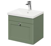 Danbury Wall Mounted Vanity Unit with 1 Tap Hole Modern Basin and Single Drawer with Polished Chrome Handle | Satin Green | MDF | 500mm