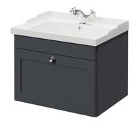 Danbury Wall Mounted Vanity Unit with 1 Tap Hole Traditional Basin and Single Drawer with Polished Chrome Handle | Satin Anthracite | MDF | 600mm