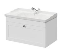Danbury Wall Mounted Vanity Unit with 1 Tap Hole Traditional Basin and Single Drawer with Polished Chrome Handle | Satin White | MDF | 800mm