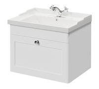Danbury Wall Mounted Vanity Unit with 1 Tap Hole Traditional Basin with Single Drawer and Polished Chrome Handle | Satin White | MDF | 600mm