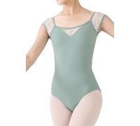 Dance Elite - Calista - Sage Green Dance Leotard with White Floral Lace Short Sleeves for Women, Sage Green, Adult L