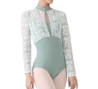 Dance Elite - Femm - Floral Lace Yoke shoulder and sleeve Dance leotard. Leotards for Women Ballet and Dance, Sage Green, Adult M