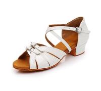 Dance Shoes Child Dance Shoes For Girls Women Leather Satin Ballroom Latin Ladies Kids Modern Tango Salsa Sandals Low Heel(PU White,FR37-23cm)