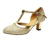 Dance Shoes Standard & Latin Women's Closed Toe High Heel Glitter Salsa Tango Ballroom Latin T-Strap Dance Shoes High Heel Shoes Salsa Tango Modern Ballrom Latin Dance Shoes, Gold A, 8 UK
