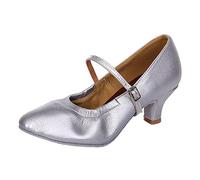 Dance Shoes Women - Modeng Dancing Shoes Indoor Dancing Shoes Ballroom Dance Shoes Square Dancing Shoes Waltz Shoes Ankle Strap Mary Jane Wedding Bows Studded Block Heels Pumps Shoes Silver