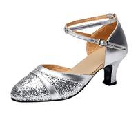 Dance Shoes Women's Comfortable Silver Glitter Stiletto Shoes Evening Shoes Latin Diamond Glitter Shoes Strappy Pumps Sequins Festive Closed Bridal Shoes with Heel Ball Shoes, 02 Silver, 4 UK