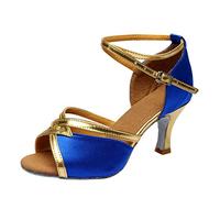 Dance Shoes Women's Latin Salsa Glitter Shoes Tango Salsa Bachata Shoes Standard Dance Shoes Open Toe Practice Beginner Ballroom Performance Shoes Wedding Pumps Block Heel Strap Shoes, blue, 7