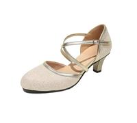 Dance Shoes Women's Silver Diamond Glitter Shoes High Heels 20s Elegant Closed Strap Pumps Festive Sequins Ball Shoes Latin Evening Shoes Glitter Bridal Shoes, 02 Beige, 6 UK