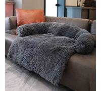 Danchen Plush Calming Dog Bed Luxury Dog Mat Sofa Fur Cat Sofa Pet Couch Furniture Protector with Non Skid Bottom, Washable Soft Warm Dog Cushion, L-90x80x13cm, Dark gray