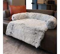Danchen Plush Calming Dog Bed Luxury Dog Mat Sofa Fur Cat Sofa Pet Couch Furniture Protector with Non Skid Bottom, Washable Soft Warm Dog Cushion, L-90x80x13cm, Light gray