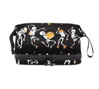 Dancing and Musical Skeletons Double Layer Cosmetic Bag for Women and Girls, Travel Toiletry Bag Makeup Handy Pouch Organiser Bag with Brush Compartment