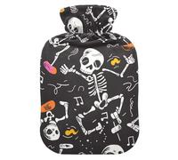 Dancing Black Skeleton Water Bottle for hot Water with Soft Cover, 1L Warm Compress for Neck Shoulder Warmer, Pain Relief, bolsas de agua Caliente para Dolores