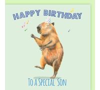 Dancing Capybara Birthday Card for Son, Watercolour Illustration, 15cm x 15cm Textured Blank Card, with Coloured Envelope