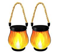 Dancing Flame Solar Lantern Outdoor Lights - 2 Pack Flickering Flame Solar Lanterns Lights, Portable Hanging Fire Bowl, Duals Charging Modes Waterproof Decor Lighting for Garden, Pathway, Deck, Patio