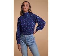 Dancing Leopard Margo Abstract Print Pintuck Blouse High Neck Blouson Sleeve Top In Navy Navy