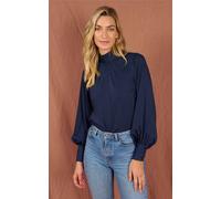 Dancing Leopard Margo High Neck Pintuck Blouse Relaxed Fit Floaty Blouson Sleeve Top In Navy Navy 6