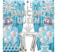 Dancing Queen 17th Birthday Decoration - Blue Silver Dancing Queen 17 Balloons Disco Balloons Cake Toppers Glitter Star Garland and Foil Fringe Curtains, Young and Sweet Only 17 Theme Party Supplies