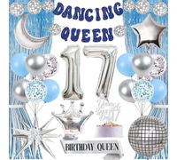Dancing Queen 17th Birthday Decorations - 26 Pcs Mamma Mia Party Decoration Birthday Queen Sash Young&Sweet Only 17 Cake Topper Disco Ball Balloons Number 17 Balloon for Abba Party Supplies