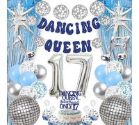 Dancing Queen 17th Birthday Decorations - 26 Pcs Mamma Mia Party Decorations Including Young&Sweet Only 17 Cake Topper Disco Ball Balloons Exploding Number 17 Foil Balloon for Girl Boys 17 Years Old